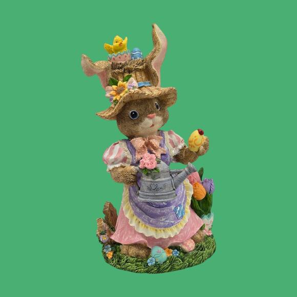 Dressed Rabbit VTG Figurine Easter Spring Cottage Decor Eggs Watering Can Tulips - Picture 3 of 11